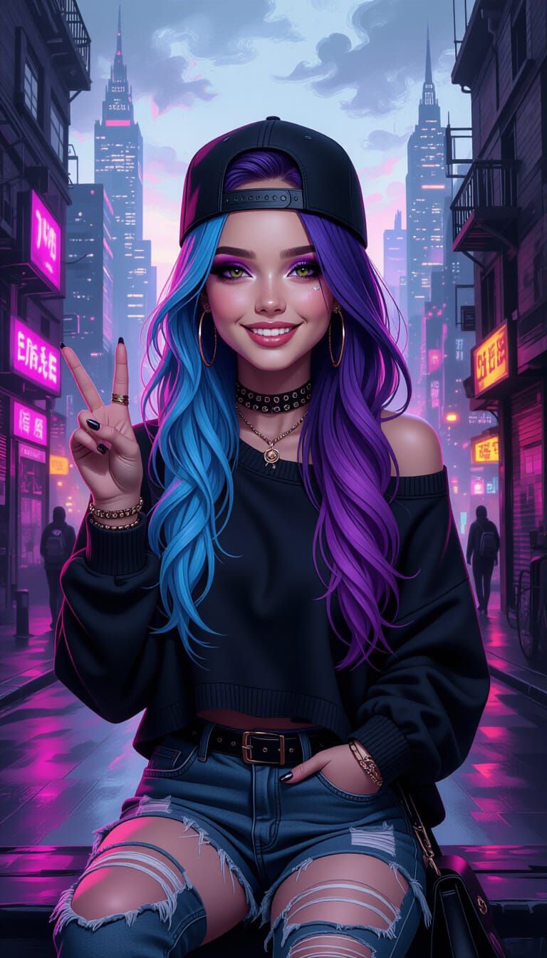 Boho-Gothic Woman with Peace Sign in Dystopian City