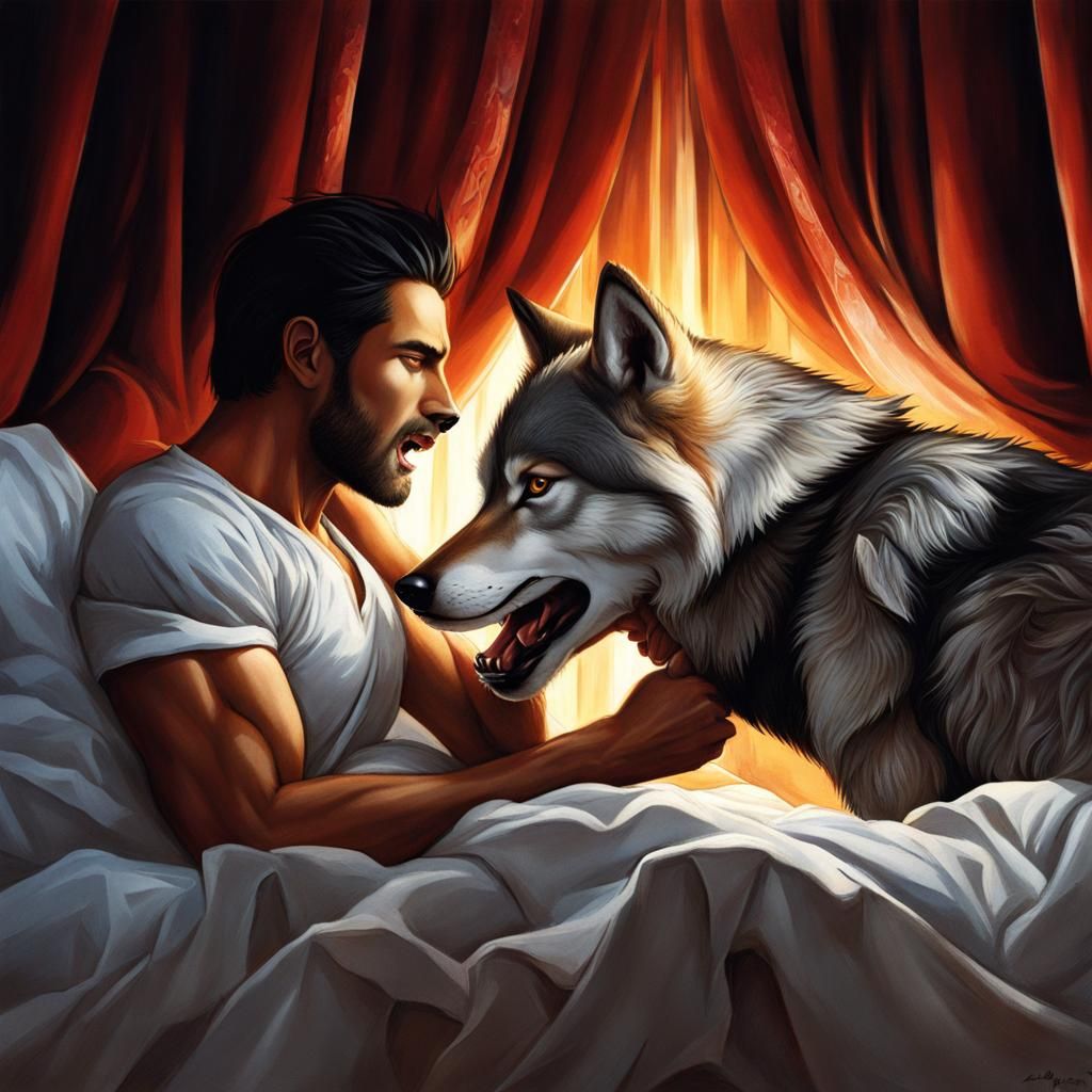 Realistic Image of a Man and Wolf in Bed