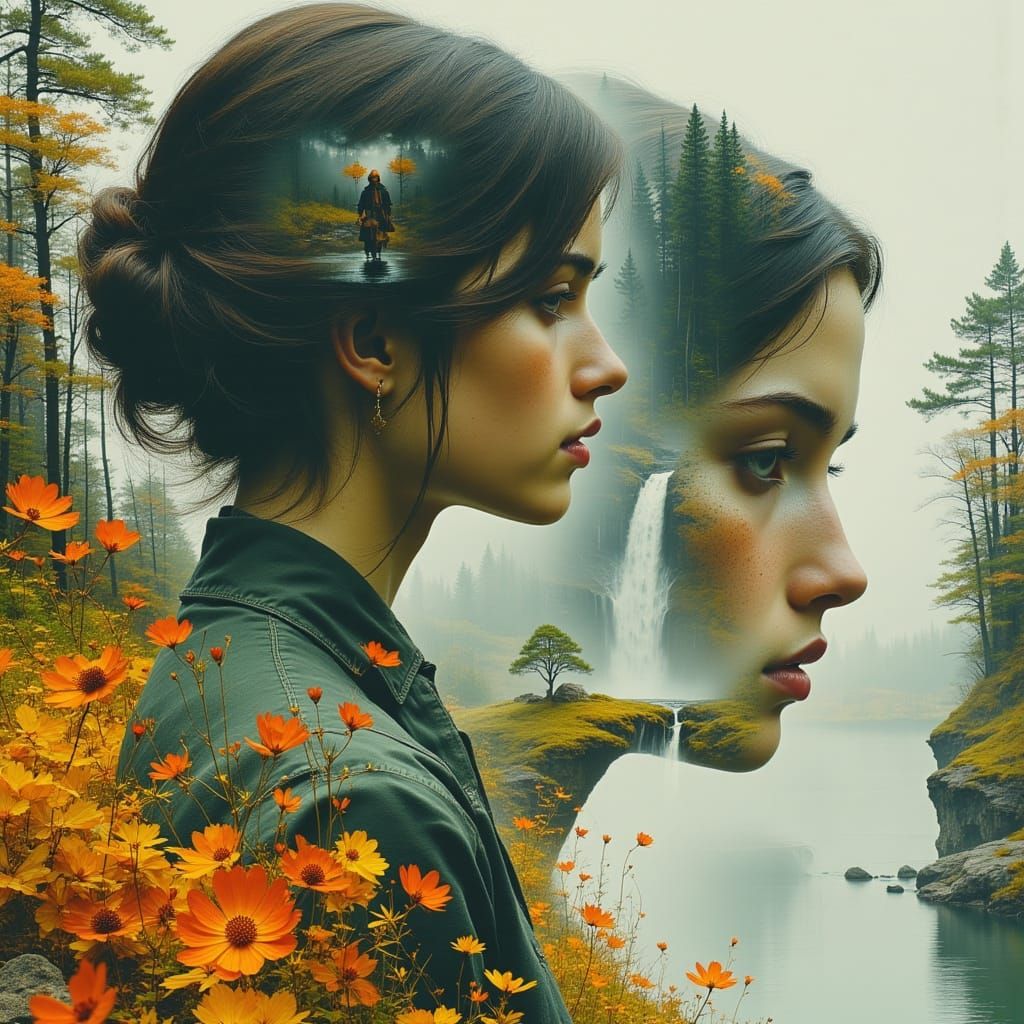 Serene Pioneer Woman Silhouetted Against Majestic Waterfall ...