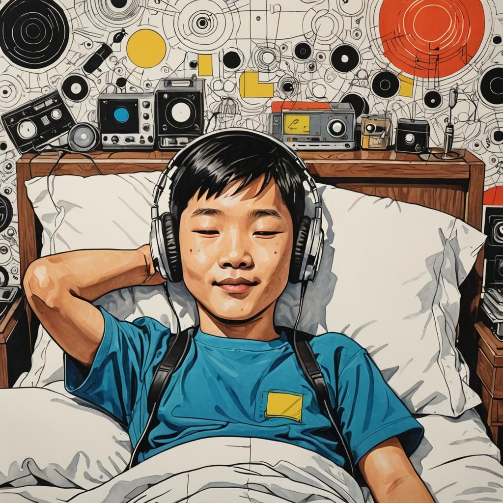 Boy Listening to Music in Pop Art Retrofuturism Style