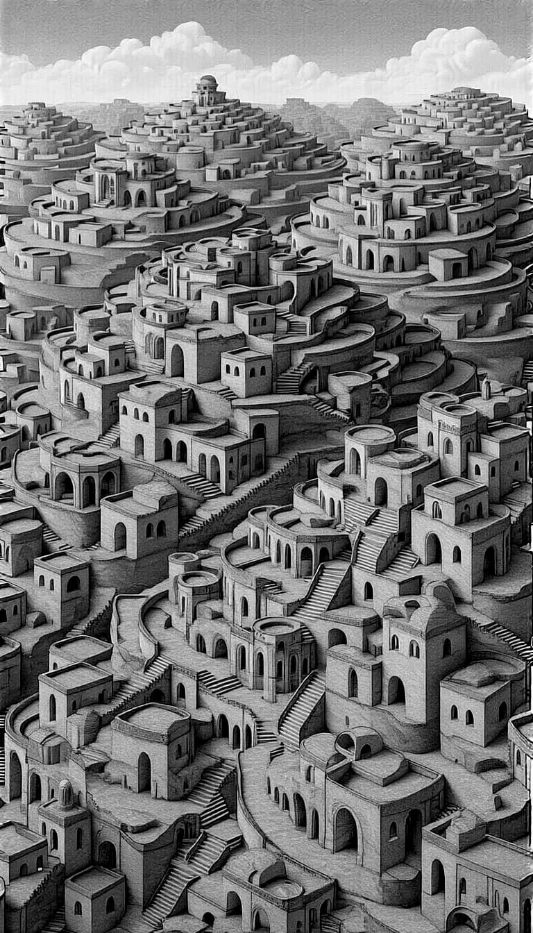 Escher-Inspired Terraced Buildings Landscape