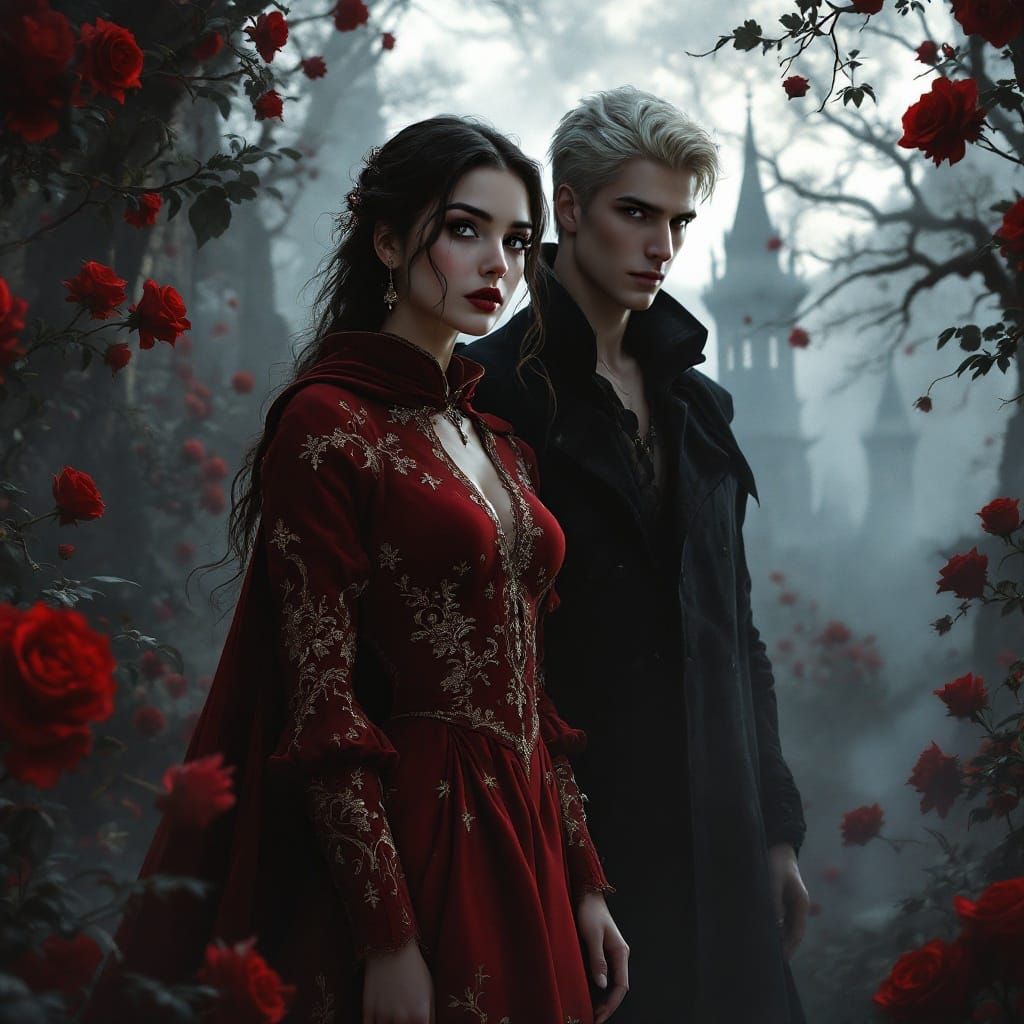 Victorian Woman and Blonde Man in Gothic Setting