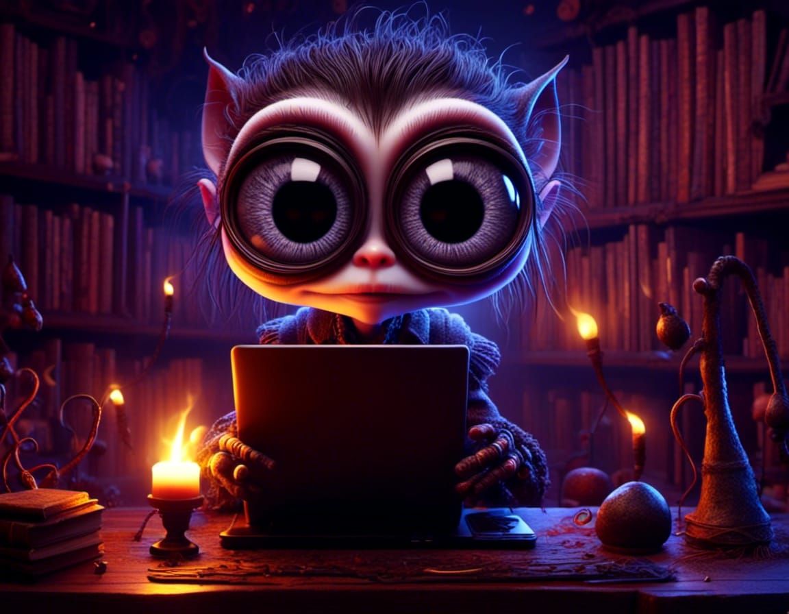 Cute Neon Robot on Computer in Fantasycore Style