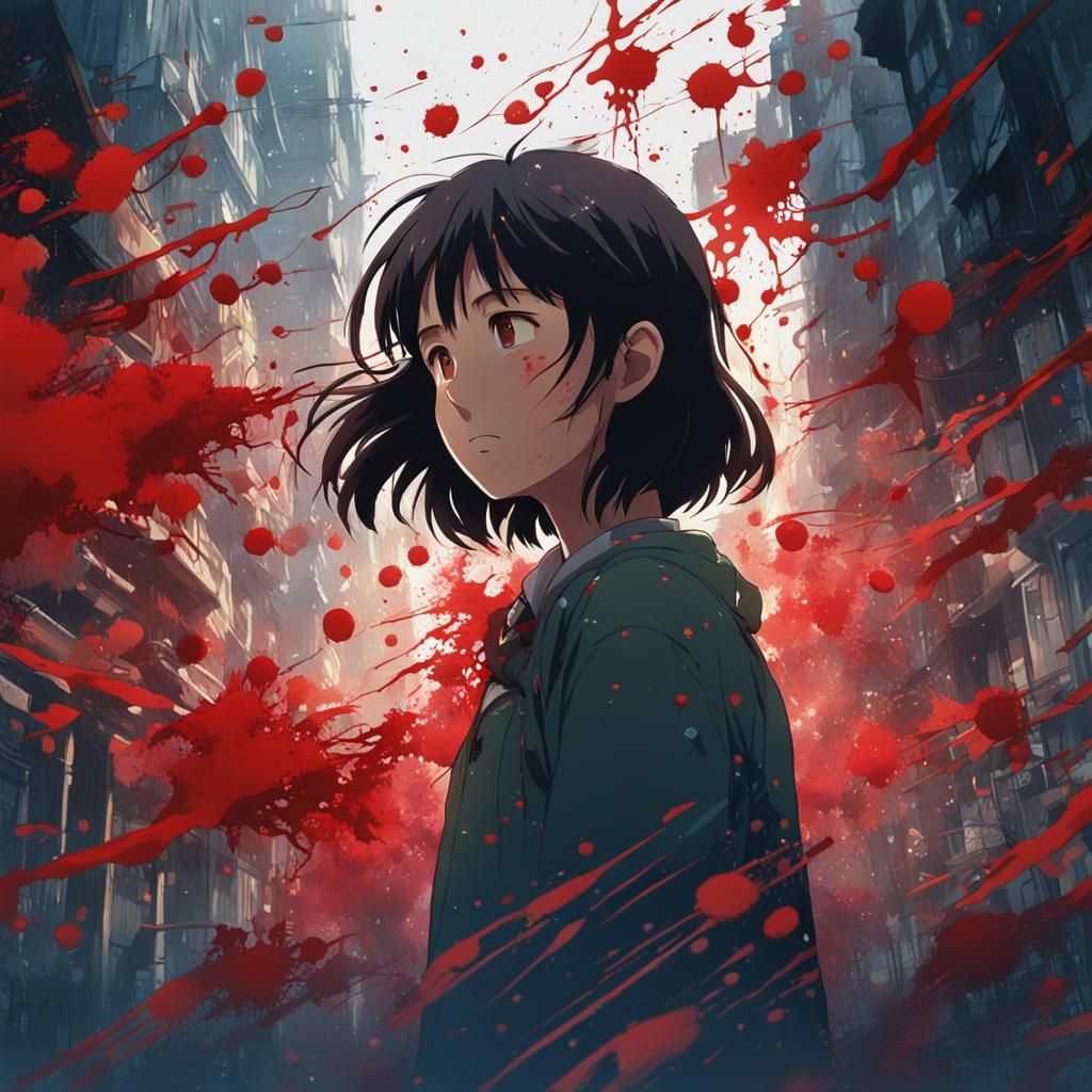 Dark-Haired Girl in Anime Style with Blood Splatter