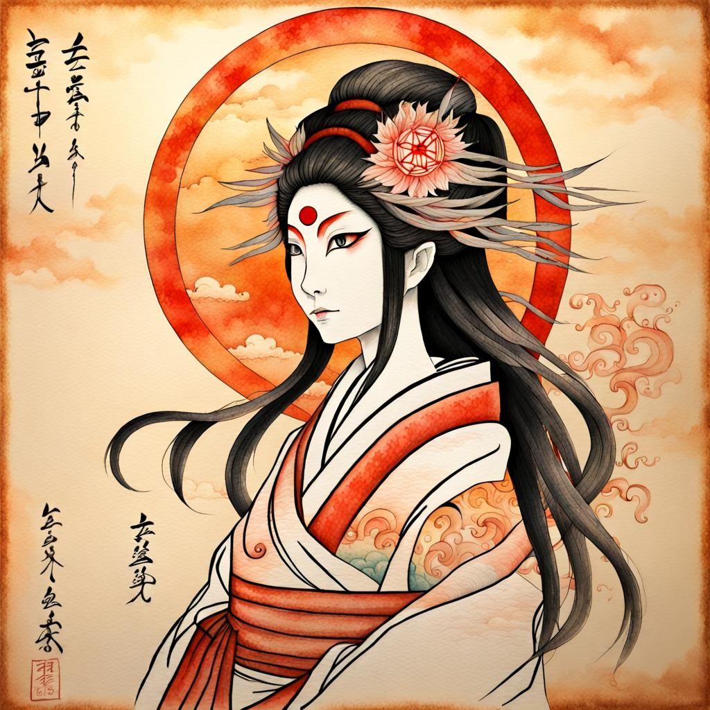 Amaterasu Goddess in Ancient Japanese Art Style