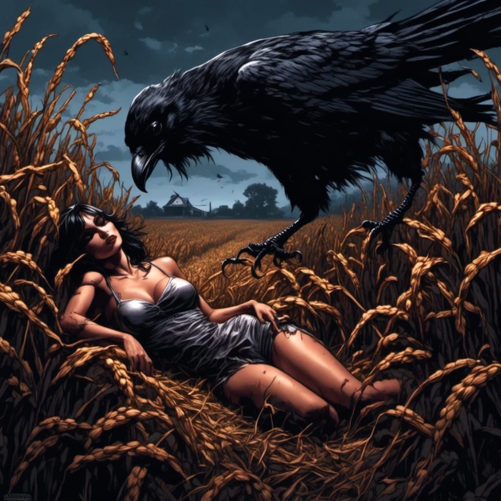 Farm Girl and Giant Crow in Dark Comic Style