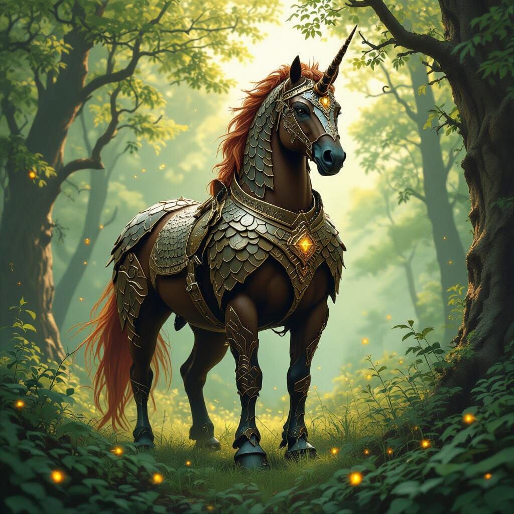 Armored Lion-Horse in German Forest, Fantasy Concept Art