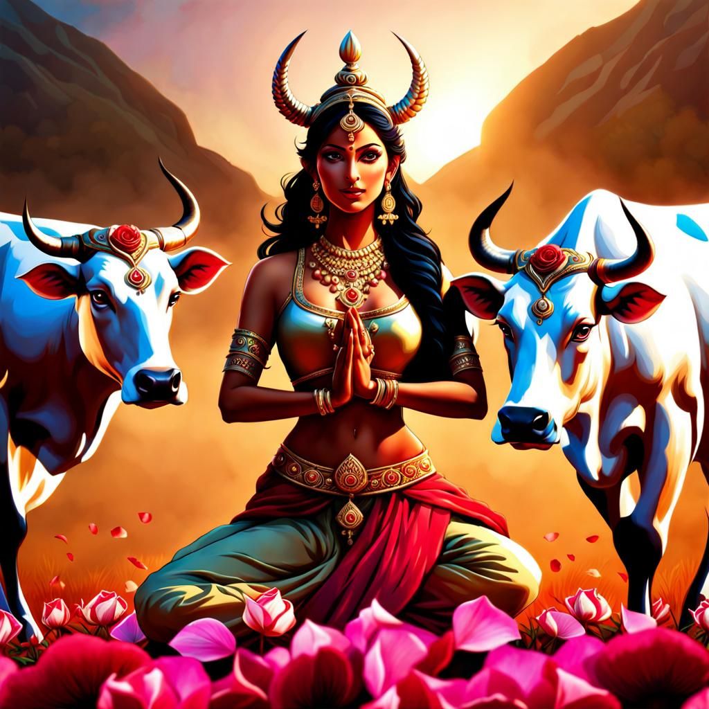 Beautiful Prithvi Mata Embracing a Cow