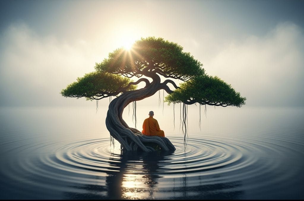 Monk Meditating Under Bonsai Over Ocean