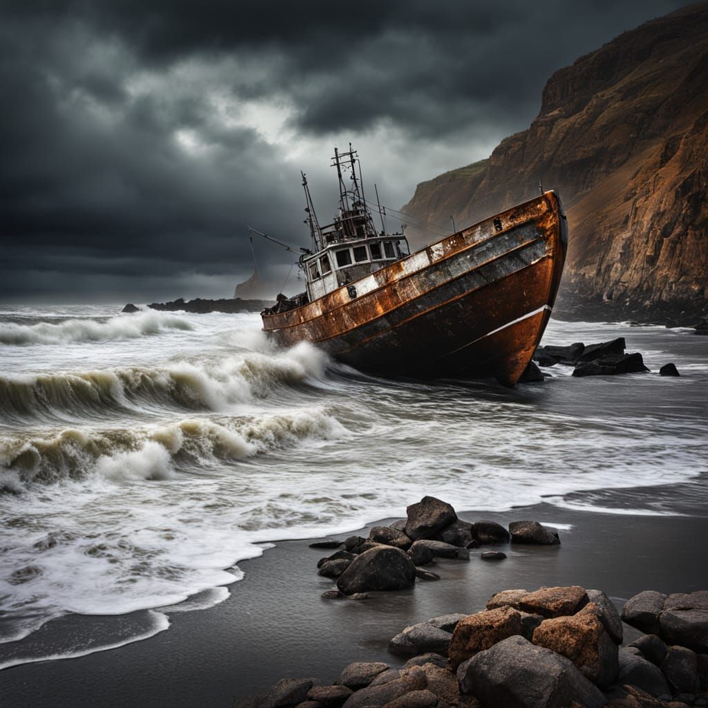 Fishing Boat on Snowy Beach in Dark Fantasy Art