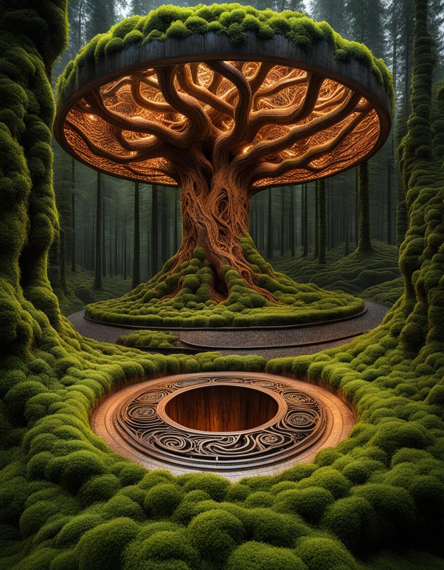 Biomechanical Yggdrasil Forestscape in Brutalist Style