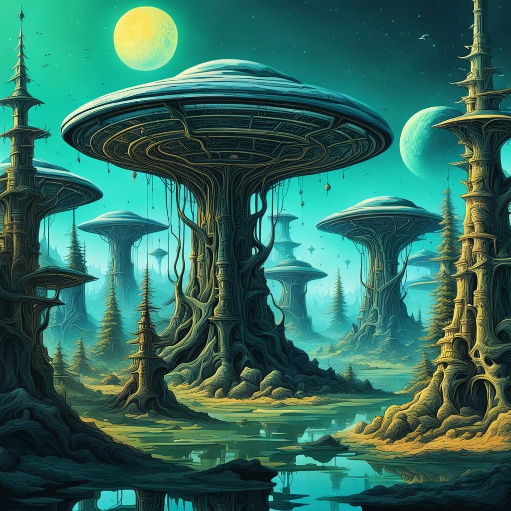 Abstract Alien Settlement in Giant Trees