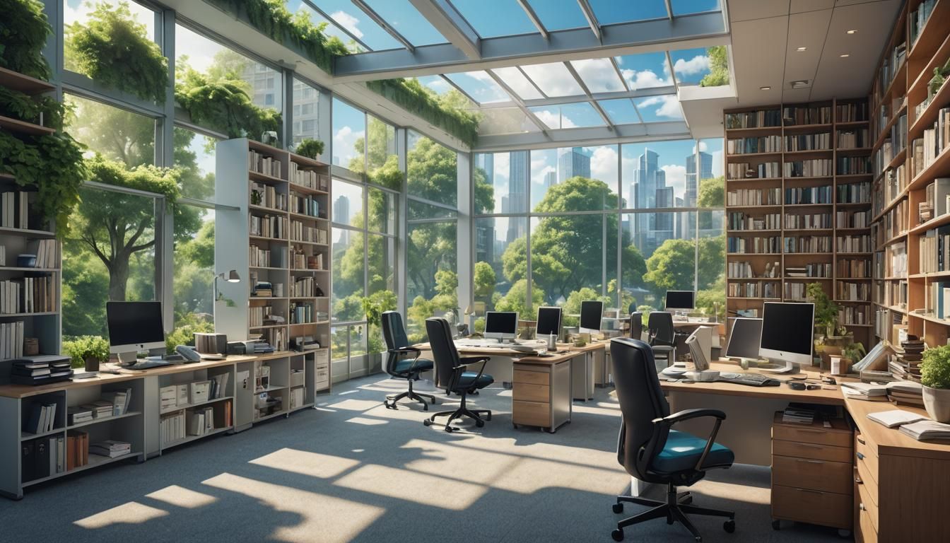 Lush City View from Modern Office: Digital Matte Painting
