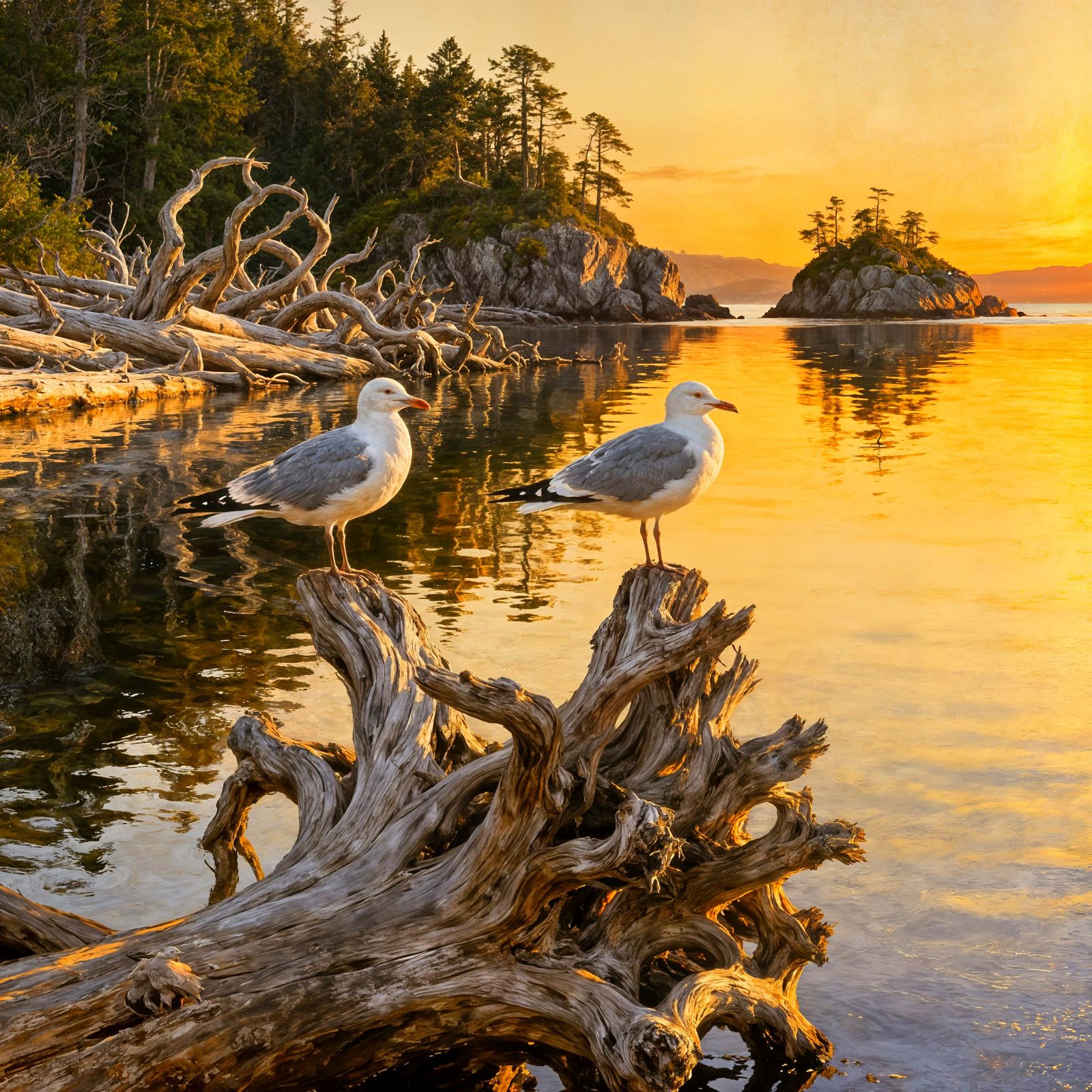 Seagulls on Driftwood at Sunset in Pacific Northwest