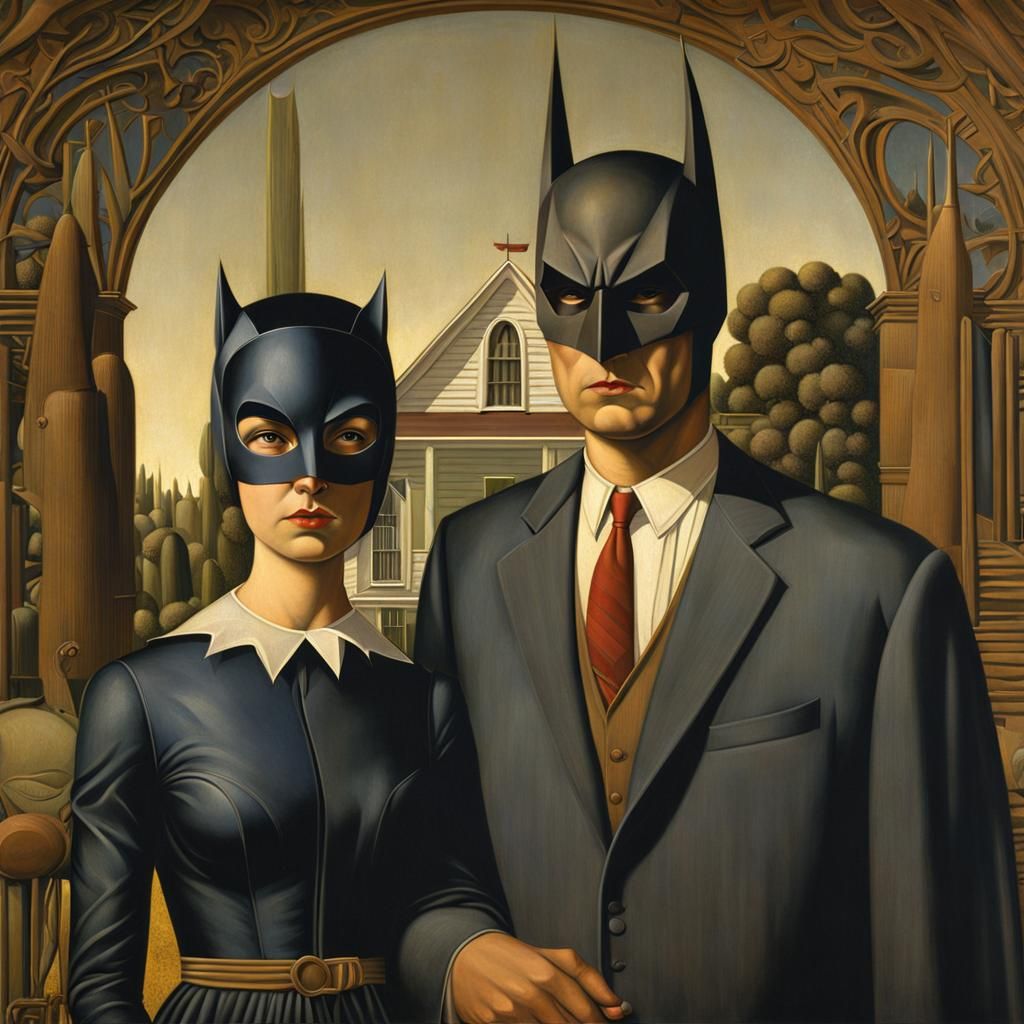 Batman and Catwoman in American Gothic Style