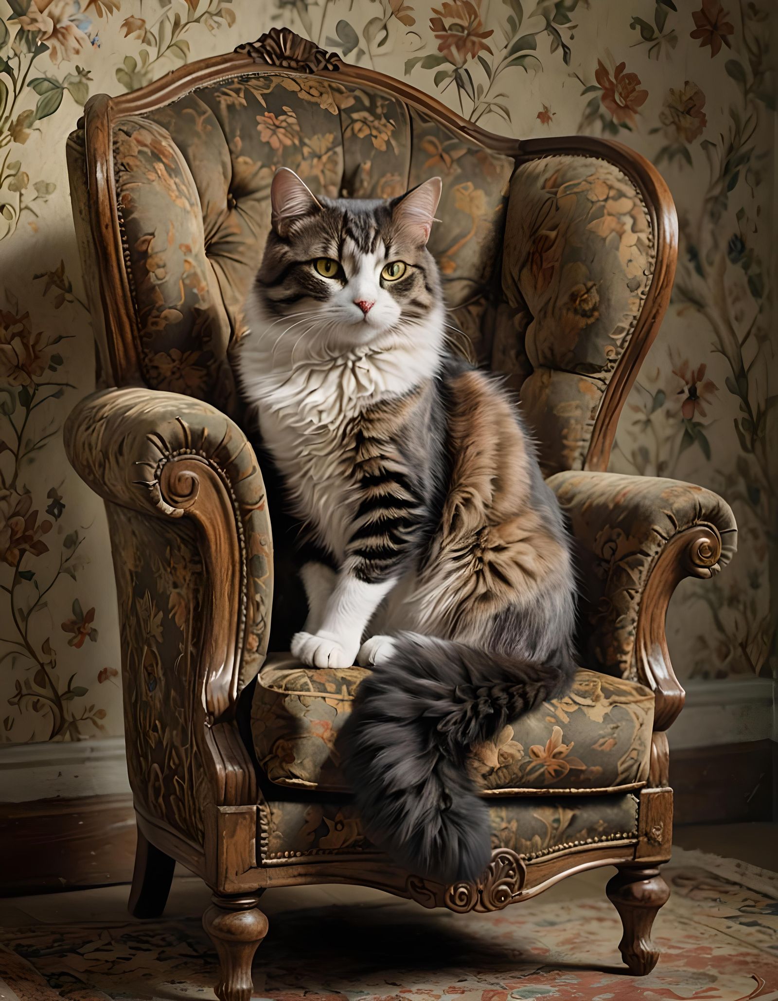 A Manx cat curled up on an antique armchair.