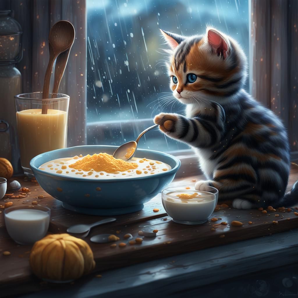 Baby Cat Eats Porridge: Detailed Matte Painting