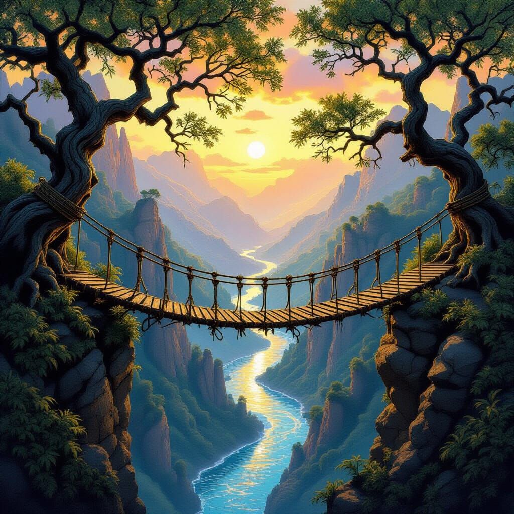 Ethereal Rope Bridge Over Luminous Arut River