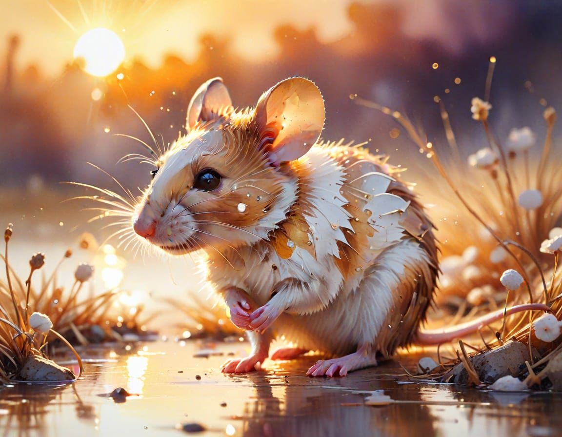 Shy Mouse Sunset Scene in Watercolor Style