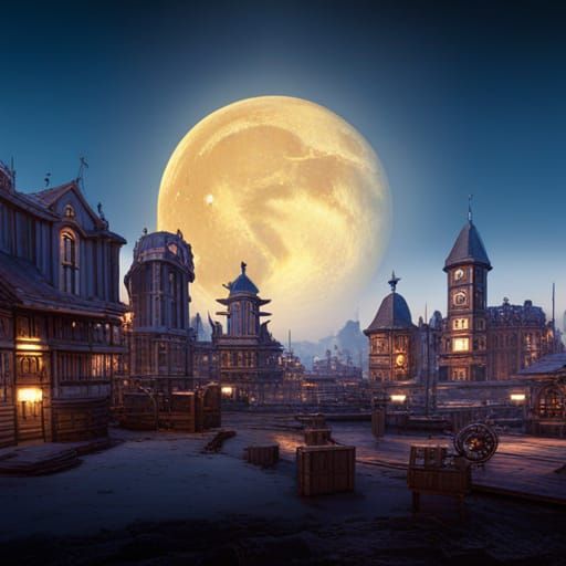 Moon City with Howling Wolf: Fantasy Concept Art