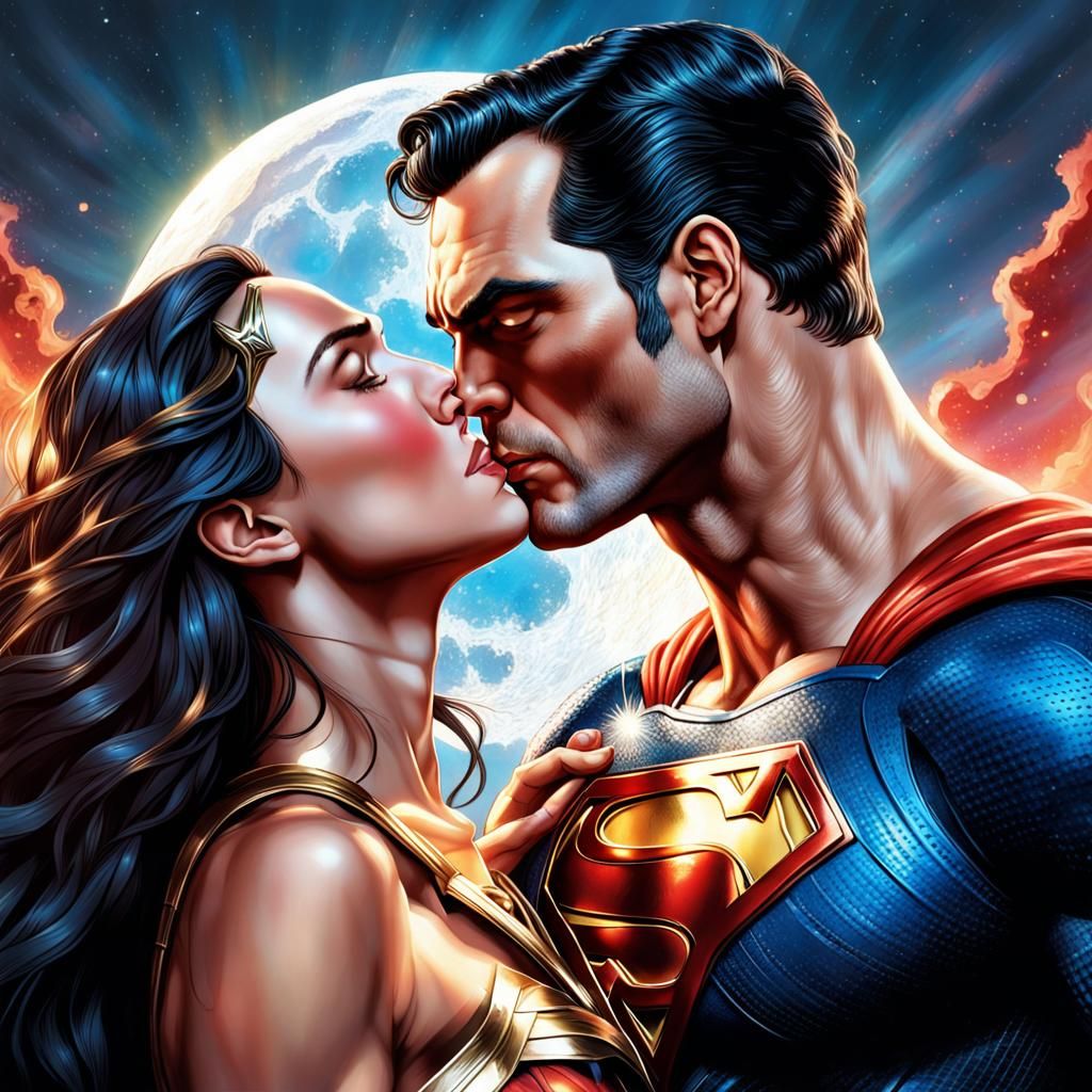 Superman and Wonder Woman Kiss: Hyperrealistic Art