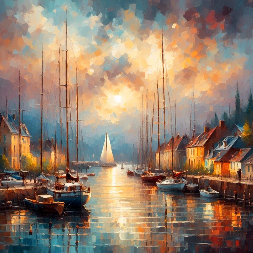 Picturesque Harbor Town in Oil Painting Style