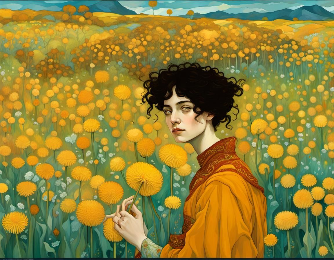 Woman in Dandelions Field: Art Nouveau Pop Art