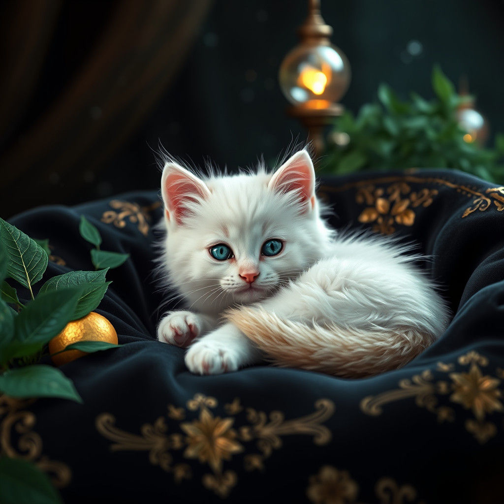 Fluffy Kitten on Velvet Bed in Cinematic Style