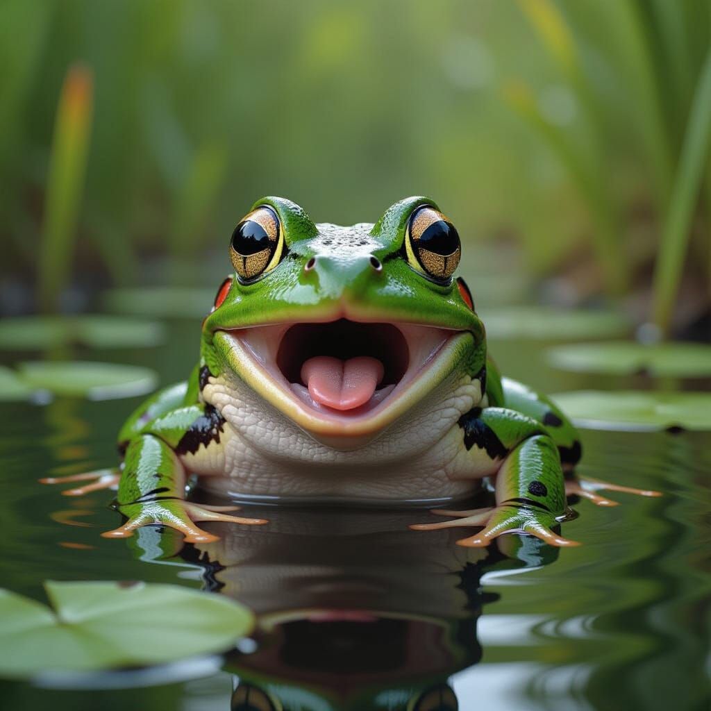 Surprised Frog in Pond: Photorealistic Digital Art