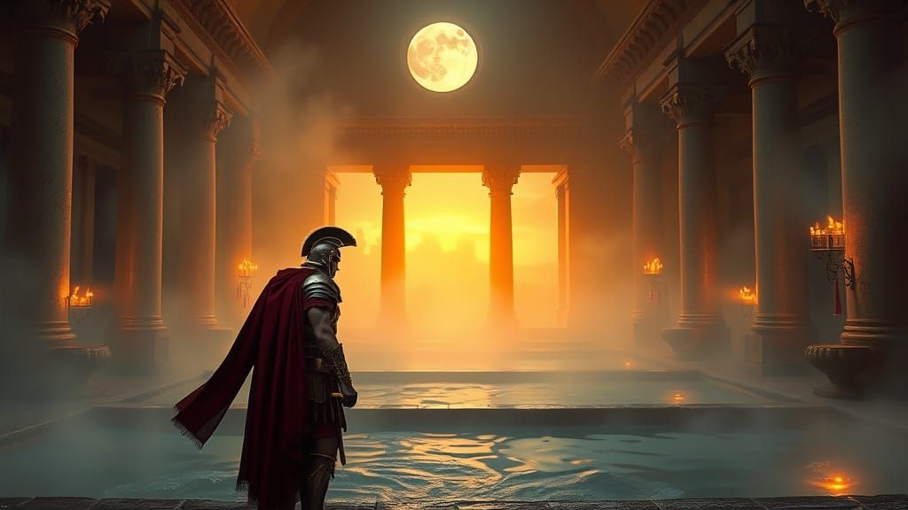 Roman Soldier Converses Under Moonlit Baths