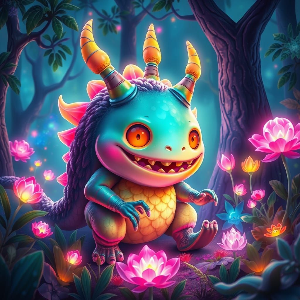 Whimsical Monster Foo in Bioluminescent Forest