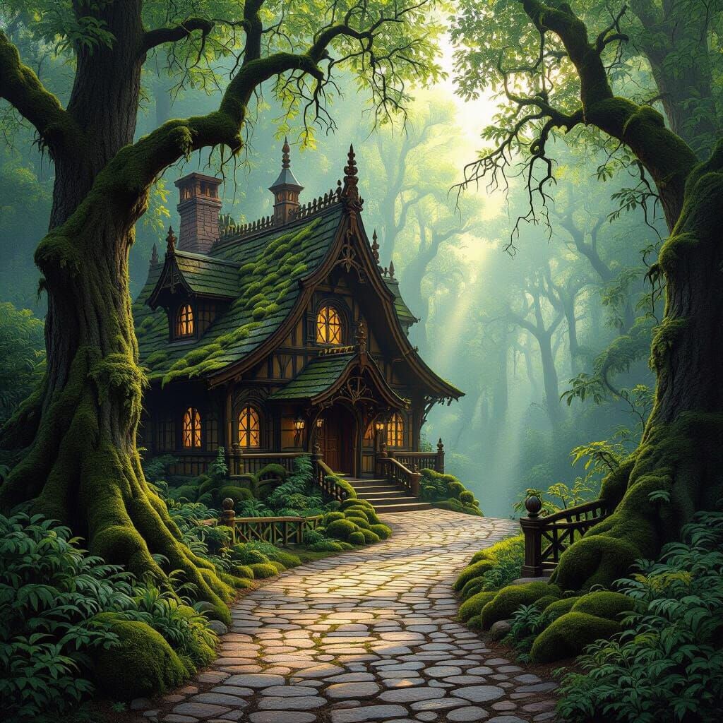 Ornate Wooden Forest Building with Winding Paths