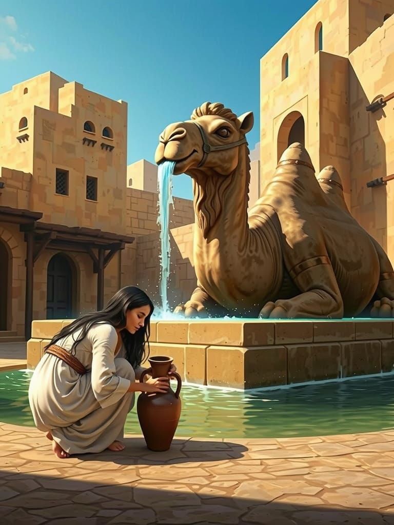 Woman at Camel Fountain in Surreal Arabian Village