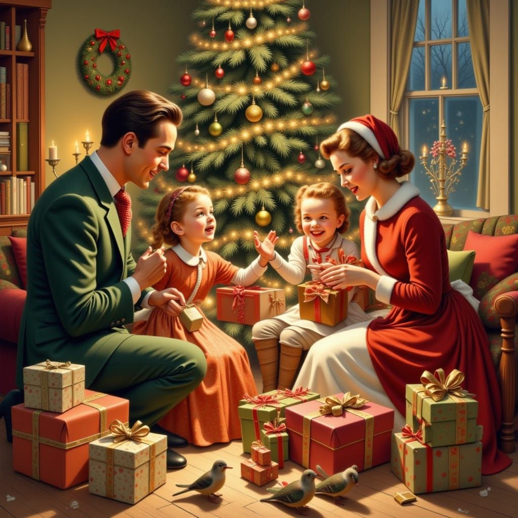 Vintage Family Christmas Morning Scene