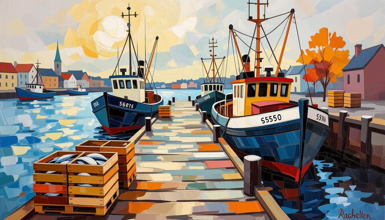 Autumn Harbor Scene with Boats, Fish, and Leaves