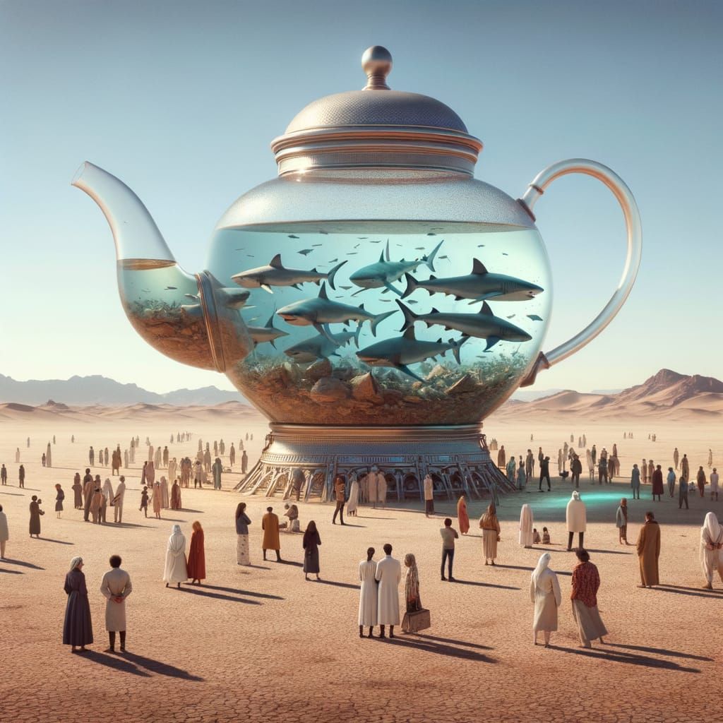 Giant Teapot Filled With Sharks in Desert