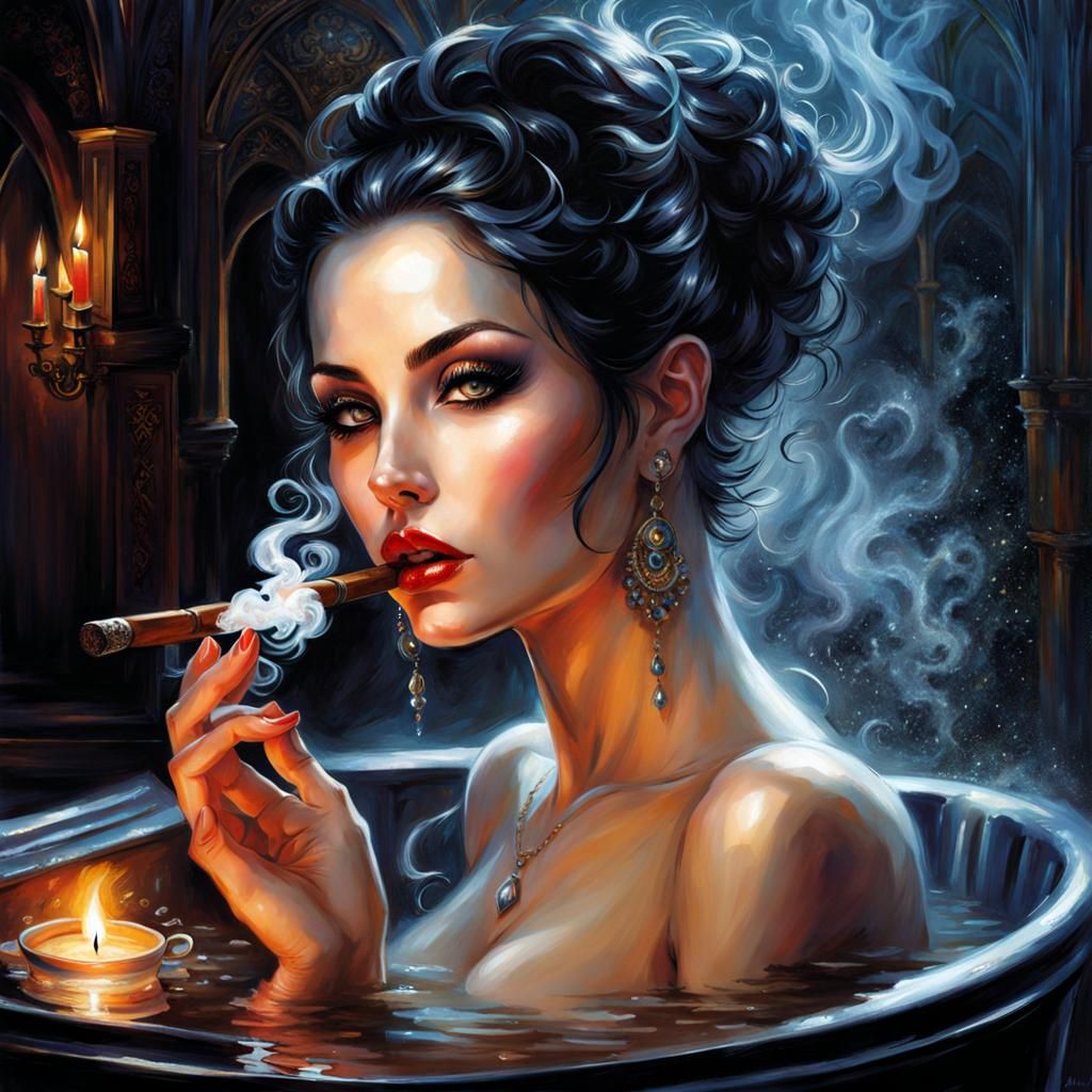 Gothic Woman Smoking Cigar in Bath, Fantasy Art
