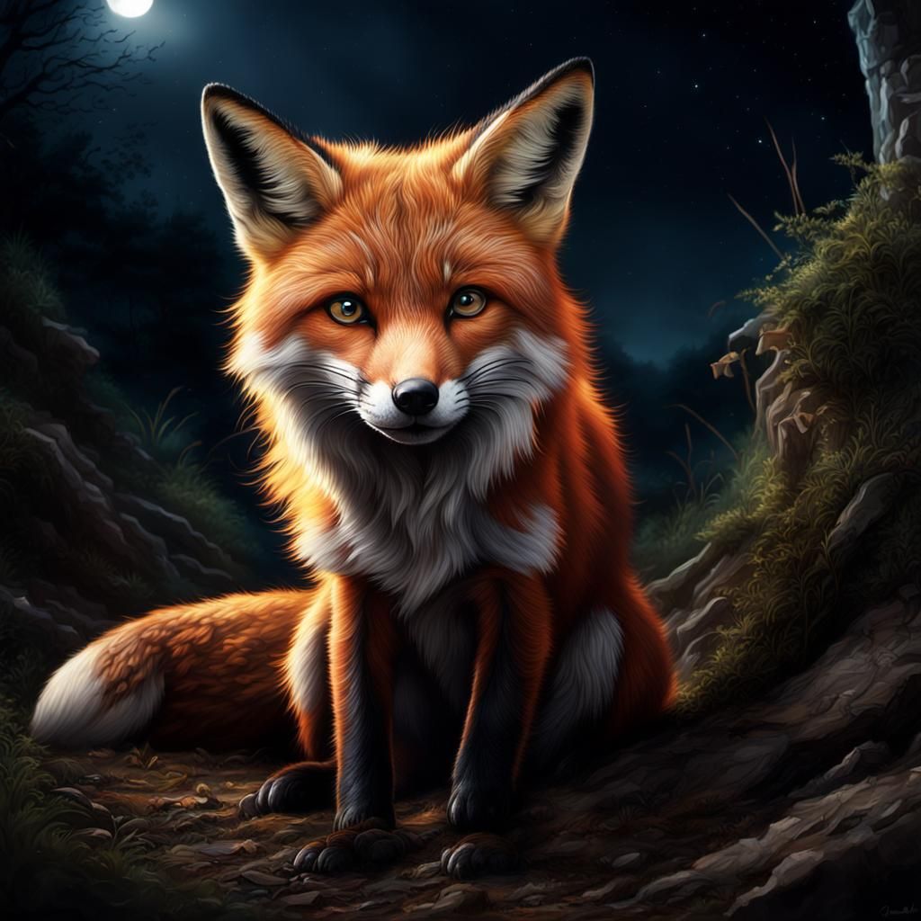 Fox Emerges from Den: Dramatic Digital Painting
