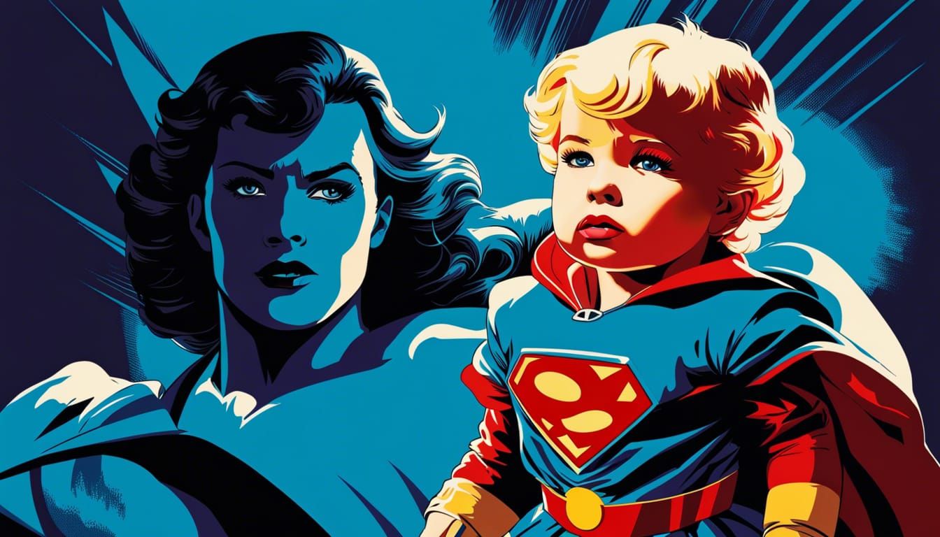 Superhero Baby Lifts Car, Pop Art Style