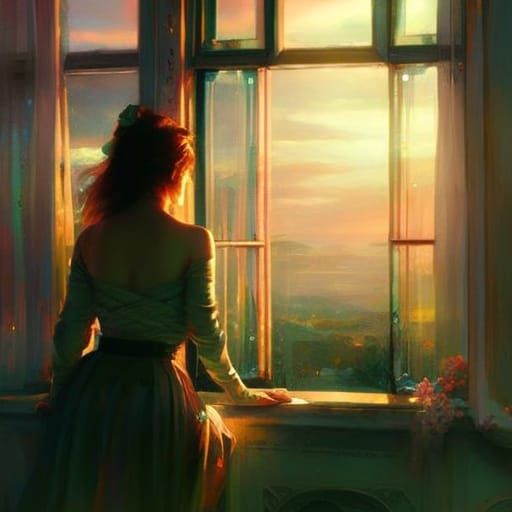 Girl Gazing at Ethereal Landscape in Romantic Realism