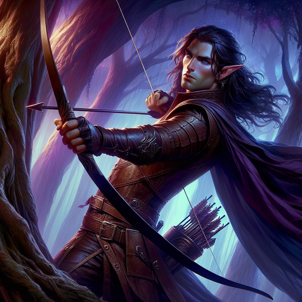 Elven Archer in Dark Fantasy Art Nouveau Style