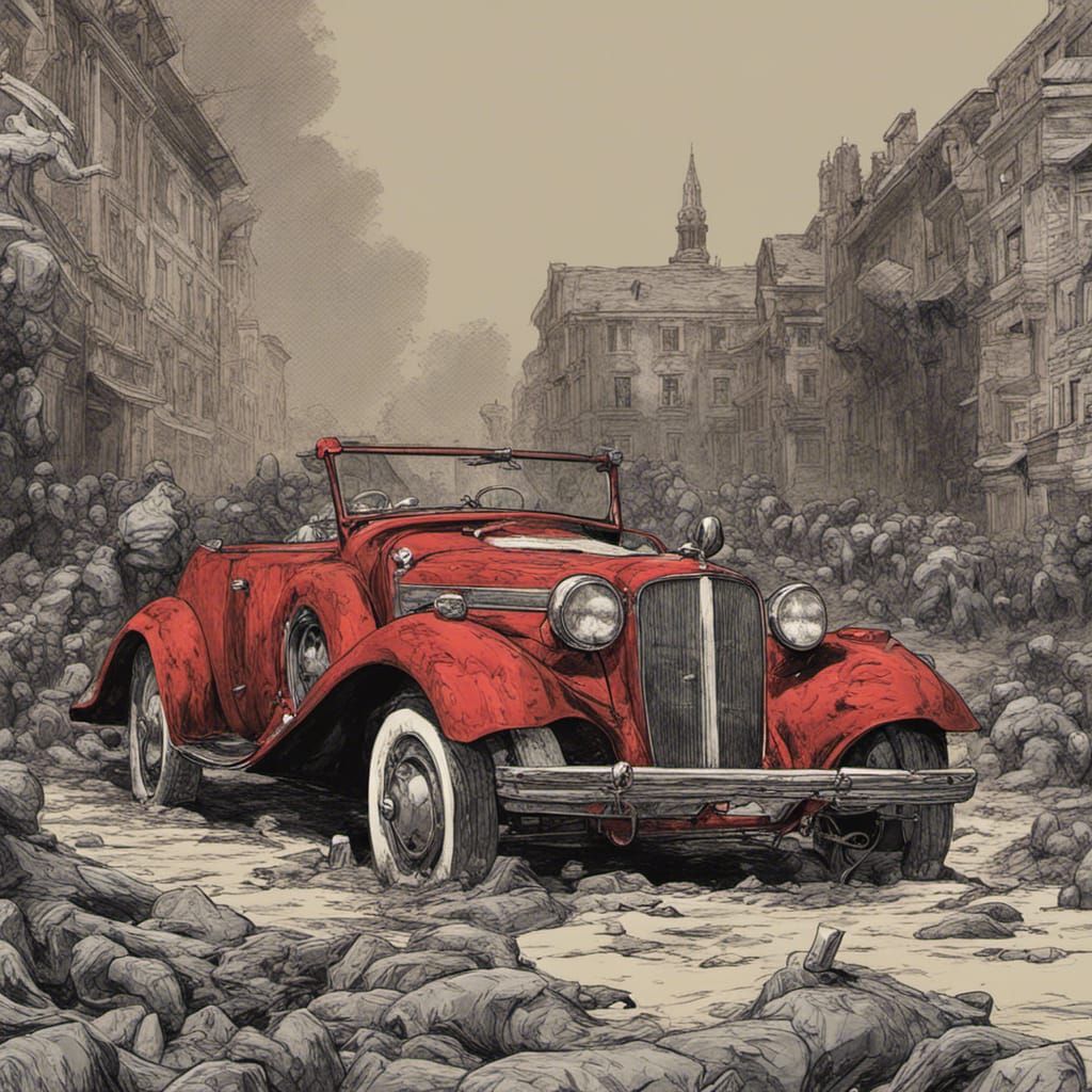 Classic Red Car in Junk Lot: Horror Illustration
