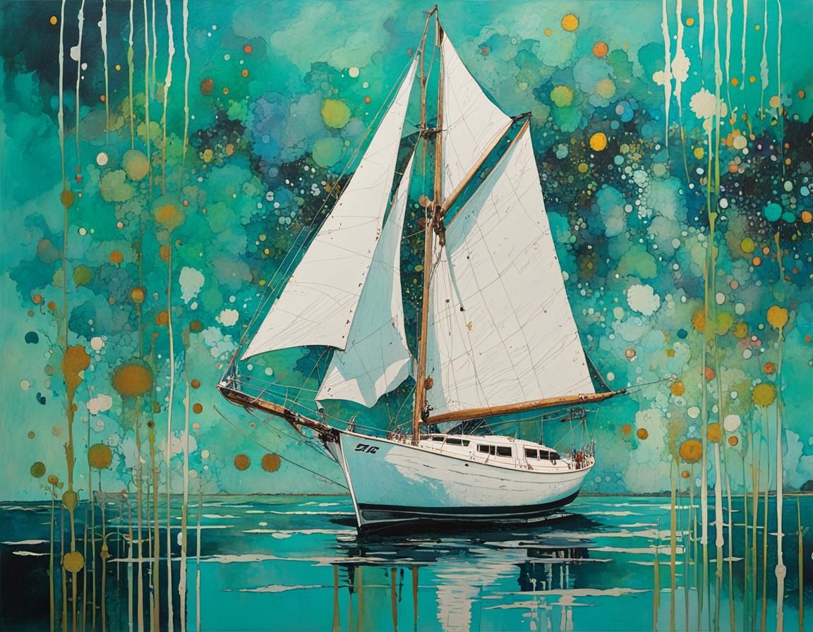 White Sailboat on Turquoise Sea with Ink Splatter Art