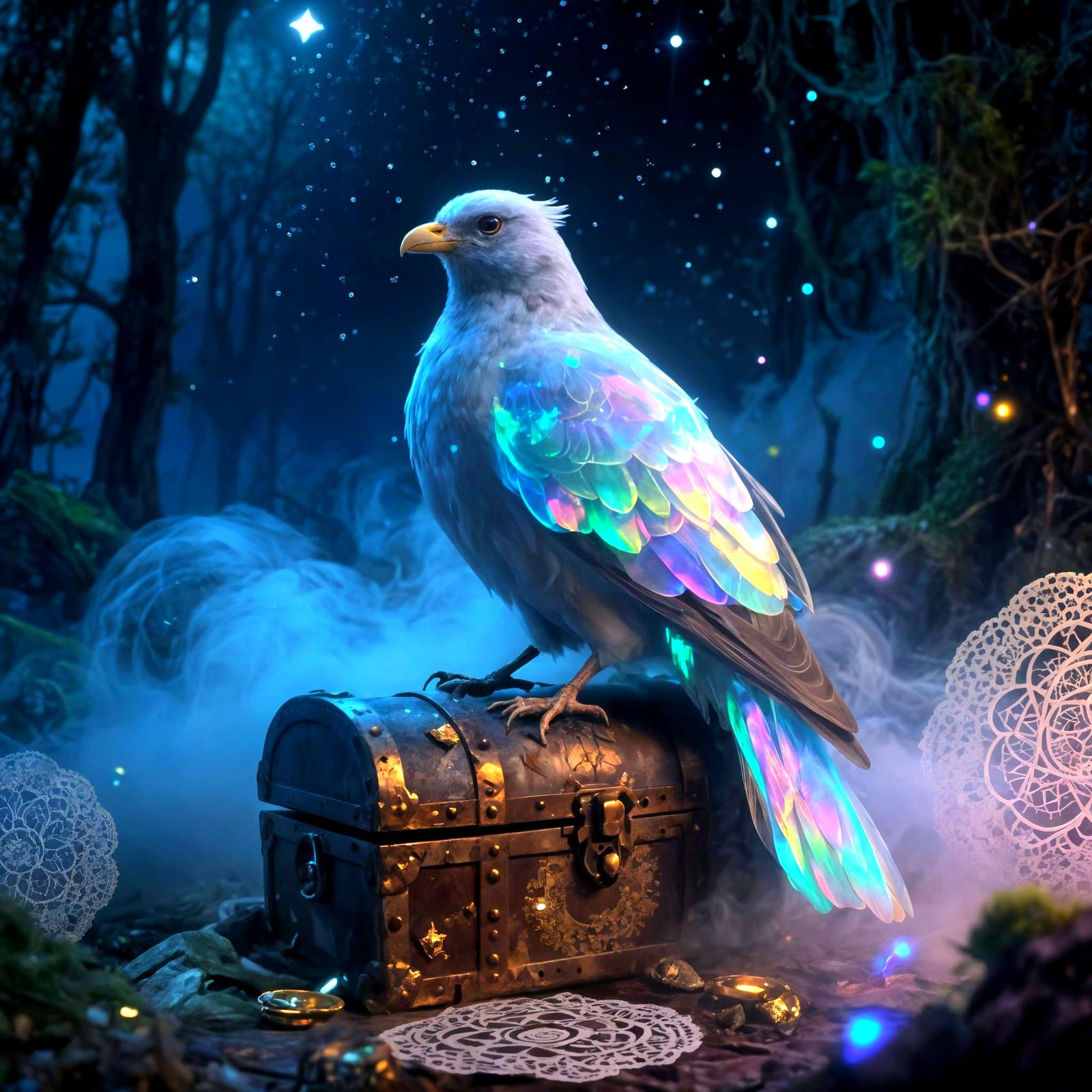 Bioluminescent Glass Bird on Treasure Chest