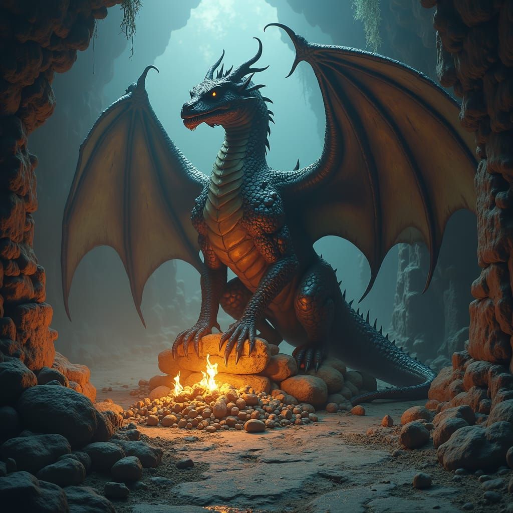 Majestic Dragon in Dark Dungeon, Photorealistic Style