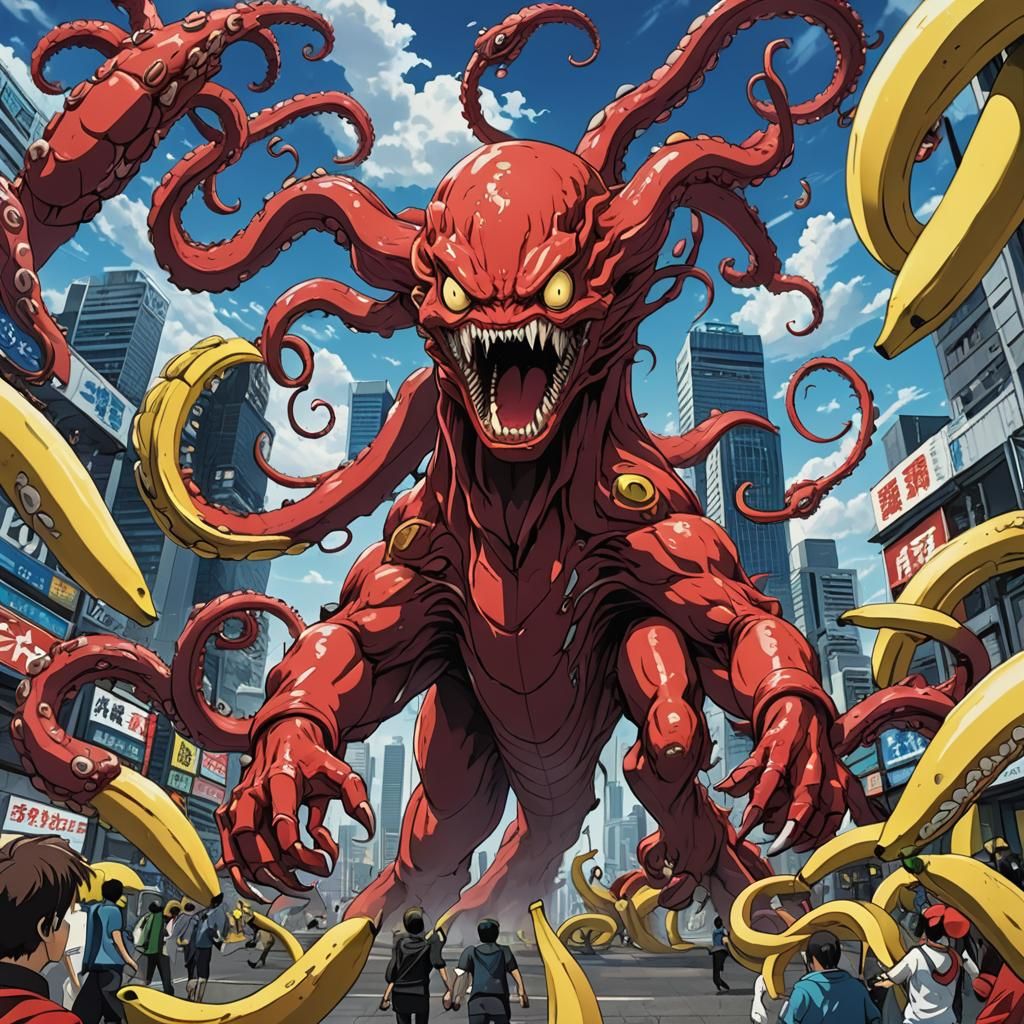 Giant Red Monster Attacks Octopus in Anime Style