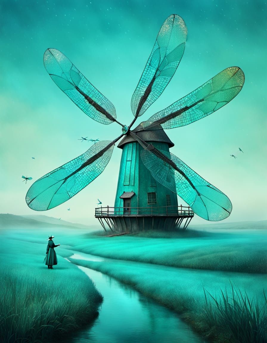 Turquoise Dragonfly Windmill Amidst Eerie Moor