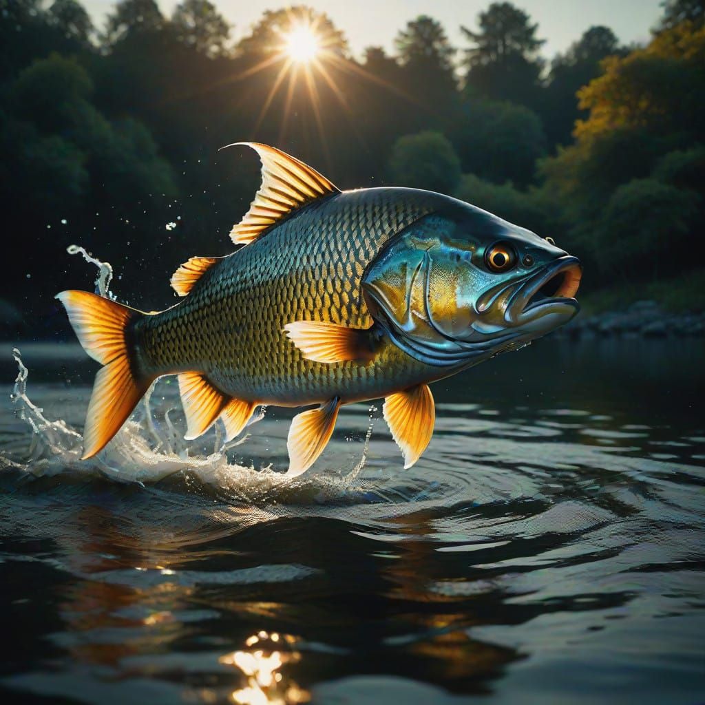 Majestic Mahseer Fish Leaps in Sunset Serenity