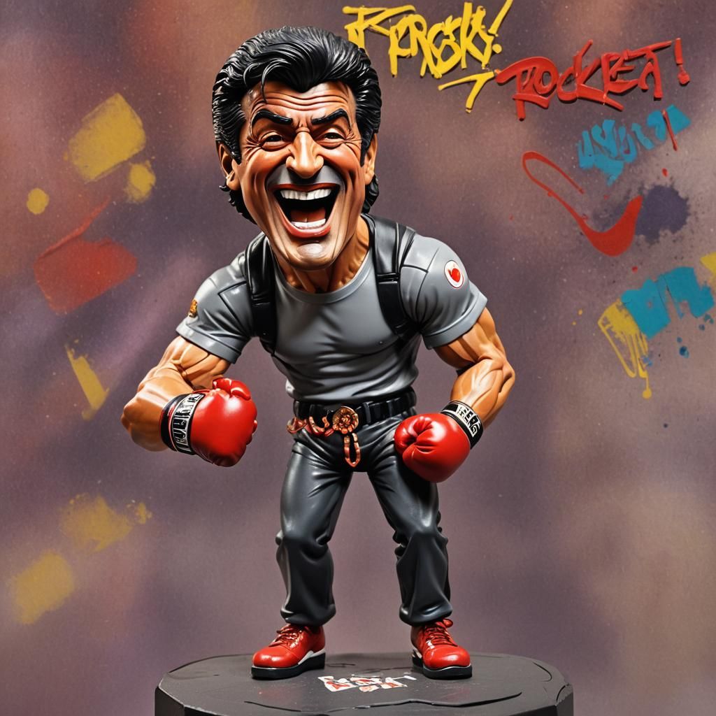 Rocky Action Figure Caricature: Hyperrealistic Splash Art