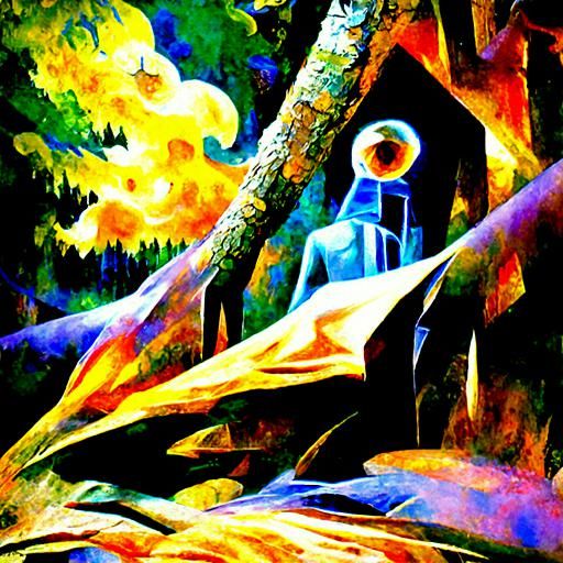 Eerie Forest: Folk Art Futurism Digital Illustration